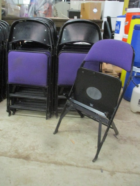 20 Clarin Black Metal Interlocking Folding Chairs with Purple Upholstered Seat/Backs: 18"w, Local Pickup Only