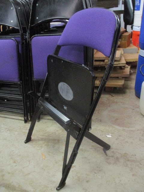 20 Clarin Black Metal Interlocking Folding Chairs with Purple Upholstered Seat/Backs - 6