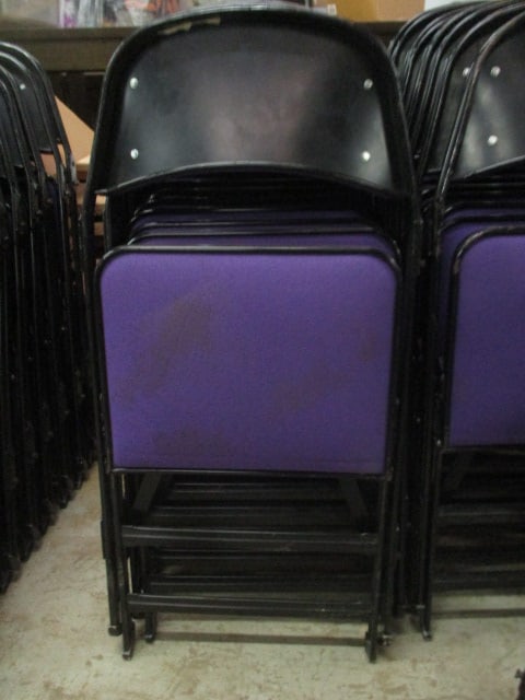 20 Clarin Black Metal Interlocking Folding Chairs with Purple Upholstered Seat/Backs - 7