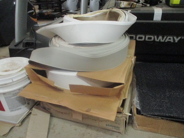 Large Grouping of Glue Down Carpet Tiles, Composite Tiles, Cove Base Molding and Adhesives - 11