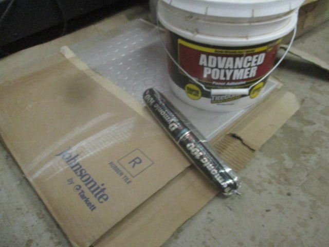 Large Grouping of Glue Down Carpet Tiles, Composite Tiles, Cove Base Molding and Adhesives - 15