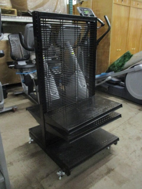 Black Portable Store Shelf Display: 24 1/2" x 29"x 49 1/4", three adjustable shelves, locking casters, Local Pickup Only 