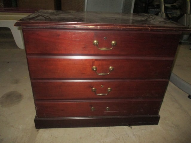 Indiana Desk Mahogany Finish 2 Drawer Lateral File Cabinet: 36" x 20 1/2" x 29 1/2", some scuffs, Local Pickup Only 