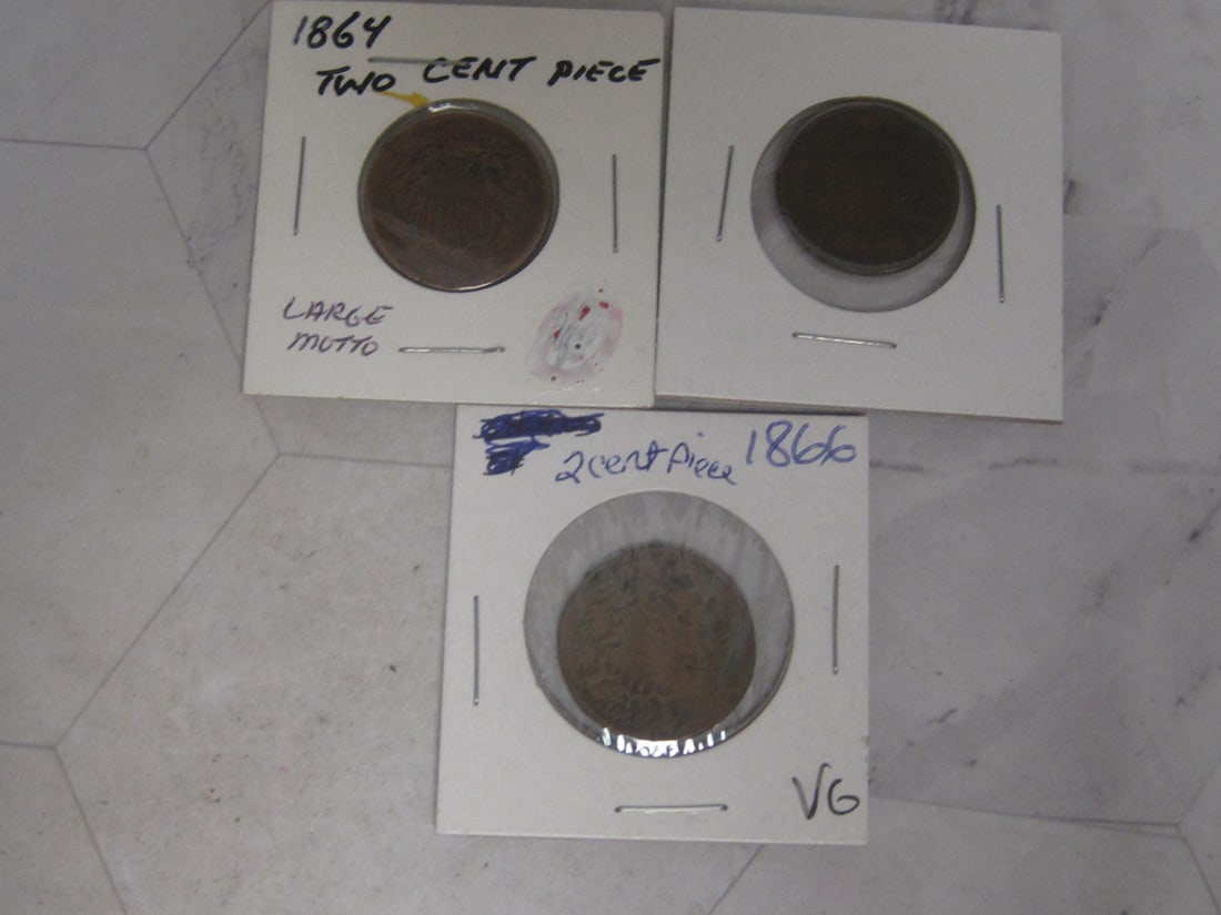 Lot of 3 Two-cent Pieces: 1864, 1865, 1866
