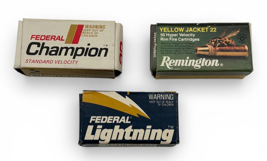 NOS Vintage 118rds. of .22 LR Ammunition: 18rds of Federal Champion Standard Velocity | 50rds of Federal Lightning High Velocity | 50rds of Remington Yellow Jacket Hyper Velocity 