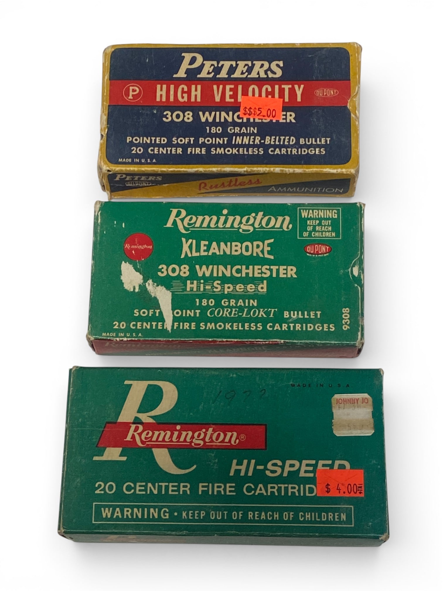 Factory Vintage 50rds. of .308 WIN. 180gr. SP Ammunition and (10) .308 WIN. Brass: 10rds. Peters ammunition and (10) brass, 40rds. Remington Kleanbore