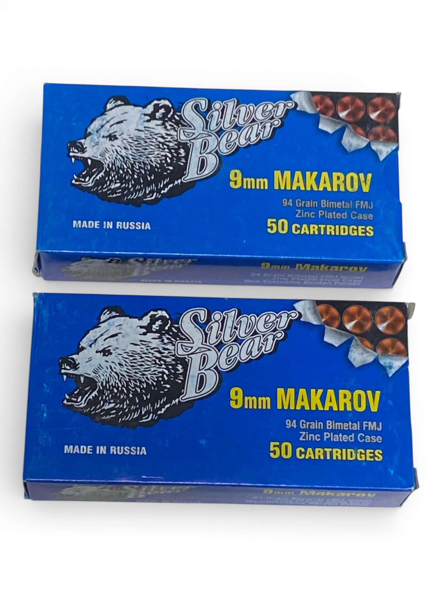 NIB 100rds. of 9x18mm MAKAROV 94gr. FMJ Bimetal Zinc Plated Silver Bear Russian Ammunition : 2 Boxes of 50 Rounds