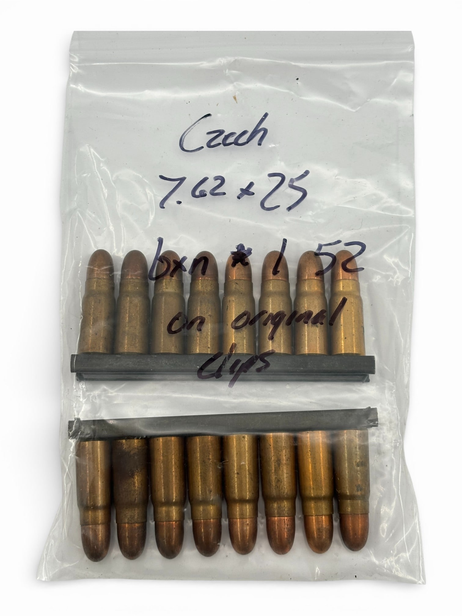 16rds. of Czech 7.62x25 Collectible Ammunition on (2) Stripper Clips: Head Stamped "bxn * 1 52"