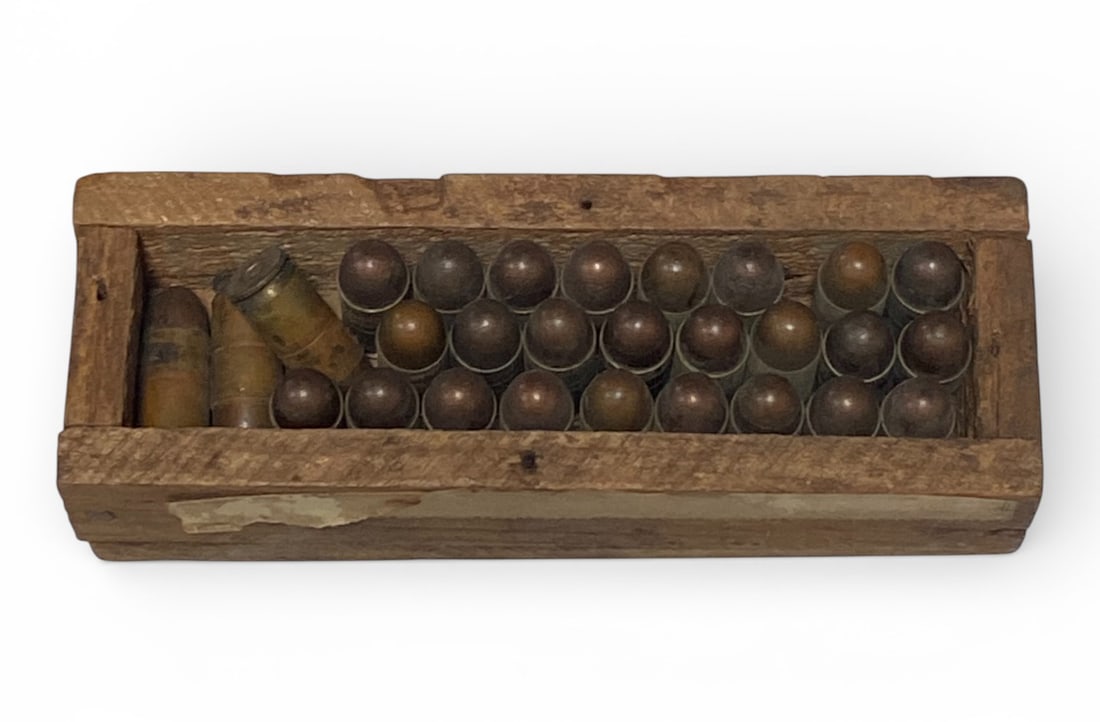 28rds. of 1920s .45 AUTO Factory Ammunition in Vintage Wooden Box : See photos. 