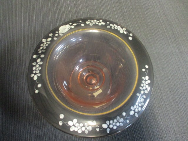 Pink Glass Vintage Pedestal Bowl w/Black & White Border - 2