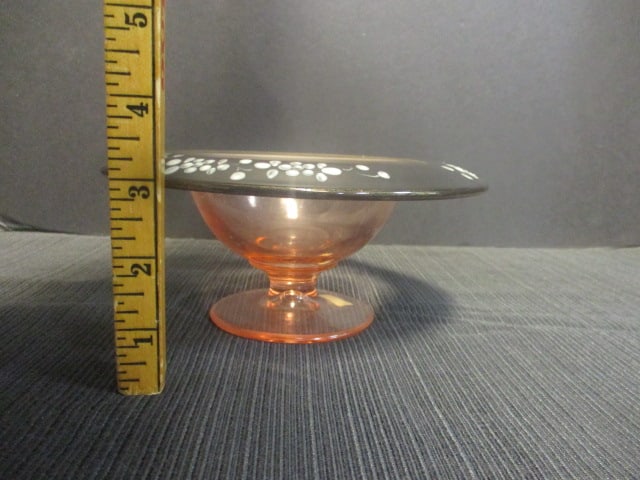 Pink Glass Vintage Pedestal Bowl w/Black & White Border - 4