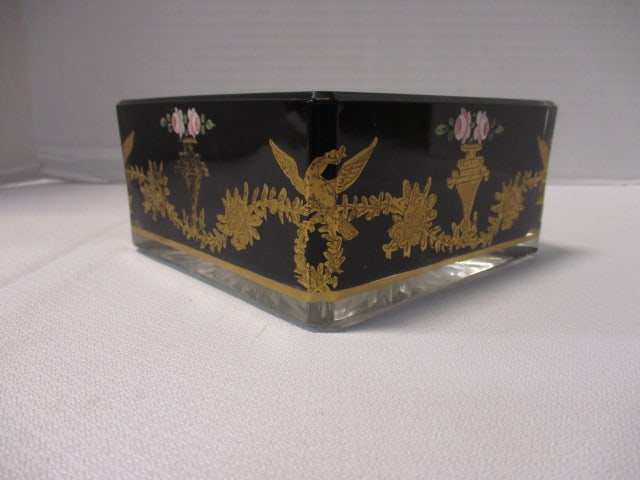 Bohemian Style Black Glass Box w/Gold Floral Motifs: 5 x 5 x 2 1/2 
