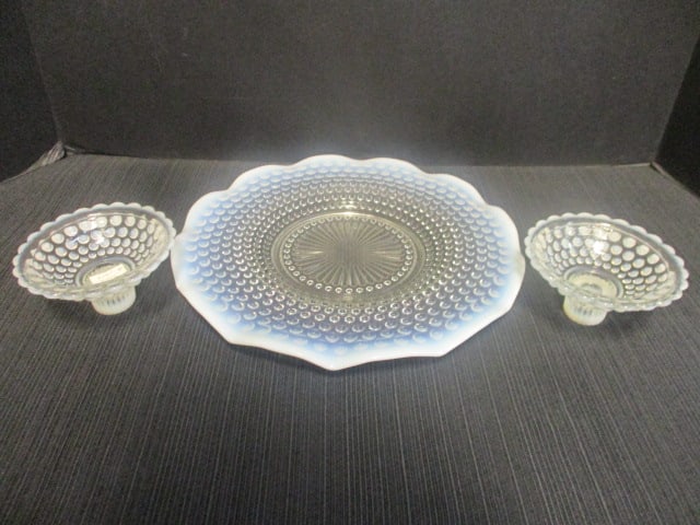 Anchor Hocking Moonstone Hobnail Opalescent Plate &: Candleholders (Plate-10 1/2"), Candleholders (2") 