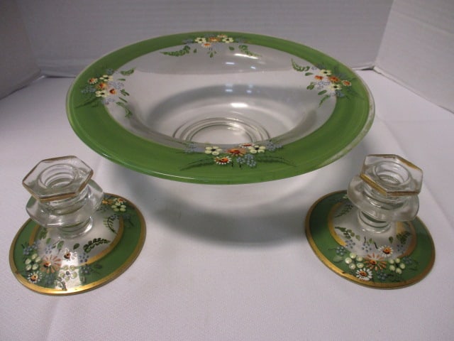 Handpainted Centerpiece Bowl w/Green Border & Floral Motif &: Candleholder Pair (Bowl is 12") 