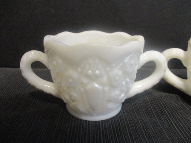Toltec Pattern Milk Glass Sugar/Creamer Set - 2
