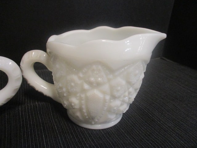 Toltec Pattern Milk Glass Sugar/Creamer Set - 4