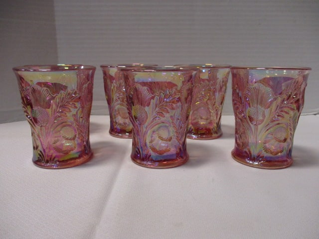 Mosser Glass Inverted Thistle Pitcher Rose Carnival Glass & - 10