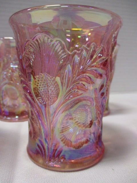 Mosser Glass Inverted Thistle Pitcher Rose Carnival Glass & - 11