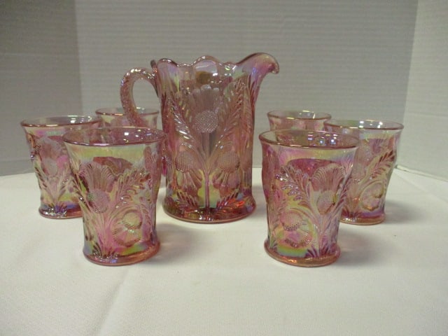 Mosser Glass Inverted Thistle Pitcher Rose Carnival Glass &: 6 (4") Tumblers 