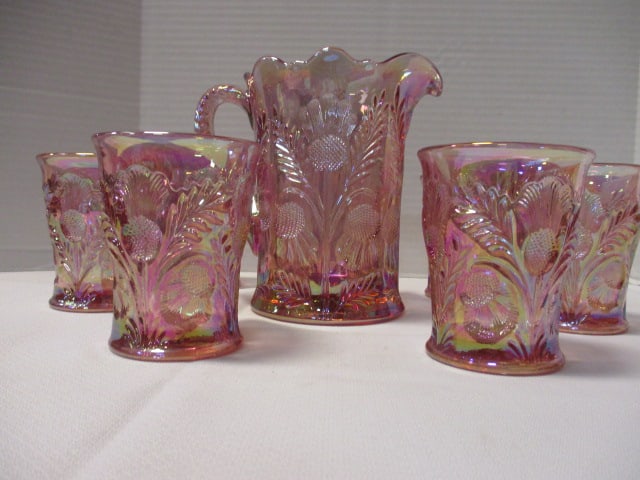 Mosser Glass Inverted Thistle Pitcher Rose Carnival Glass & - 2
