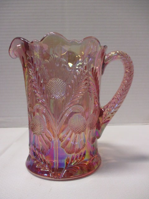 Mosser Glass Inverted Thistle Pitcher Rose Carnival Glass & - 6