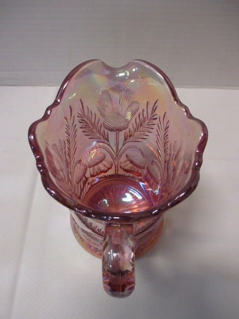 Mosser Glass Inverted Thistle Pitcher Rose Carnival Glass & - 8