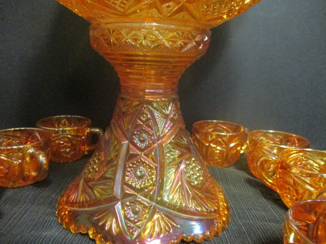 Imperial Glass 'Whirling Star' Carnival Glass Punch Bowl Set w/ - 5