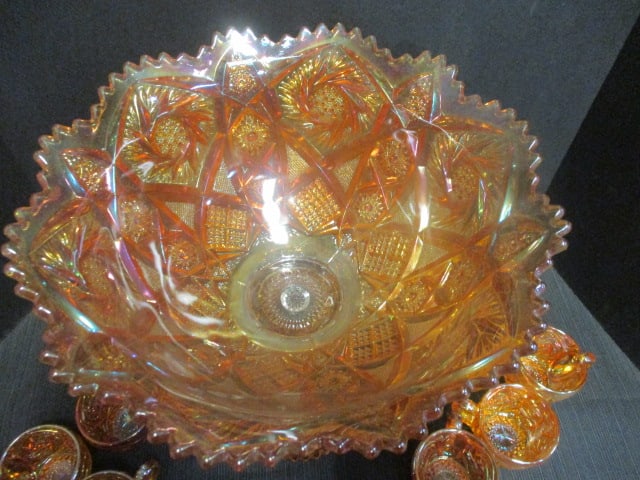 Imperial Glass 'Whirling Star' Carnival Glass Punch Bowl Set w/ - 7