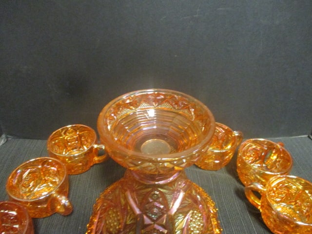 Imperial Glass 'Whirling Star' Carnival Glass Punch Bowl Set w/ - 8