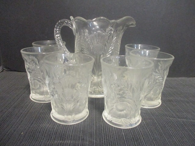 Mosser Glass Inverted Thistle 7" Pitcher Clear Glass &: 6 (4") Tumblers