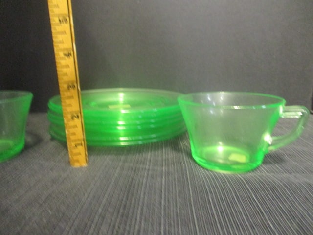 Uranium Glass Saucers (6-6 1/2") & 2 Cups - 5