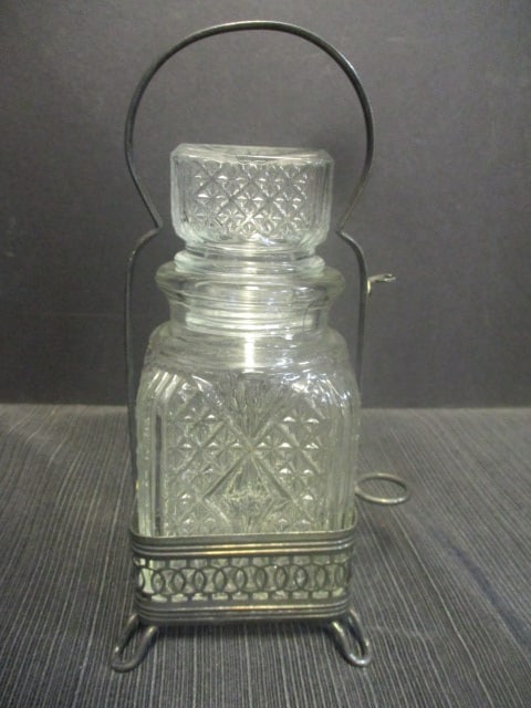 Pressed Glass Pickle Castor in Silverplate Caddy (Waffle Pattern): 9" (missing fork) 
