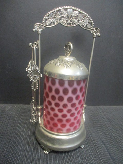 Fenton Art Glass Cranberry Honeycomb Pattern Pickle Castor: in Silverplate Caddy (11") 