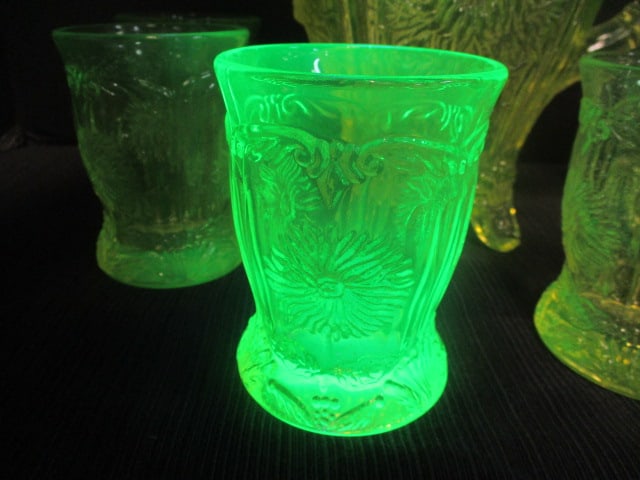 Mosser Glass 'Dalia' Uranium Glass Yellow Pitcher 8" & - 2