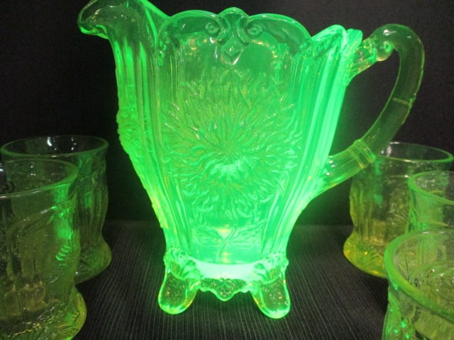 Mosser Glass 'Dalia' Uranium Glass Yellow Pitcher 8" & - 3