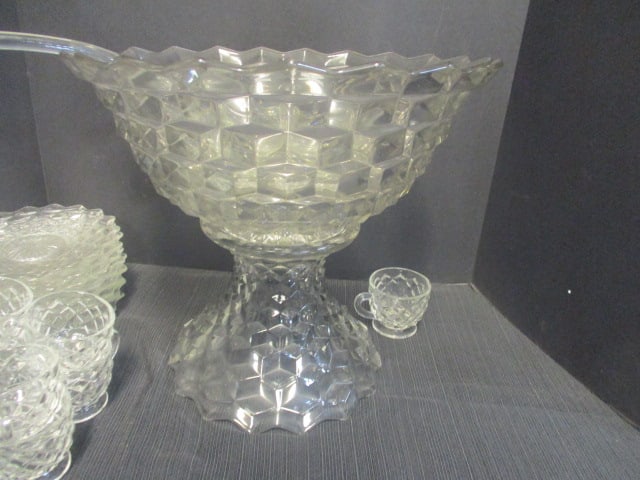 Fostoria American Cube Design Punch Bowl/Stand/12 Cups/ - 8