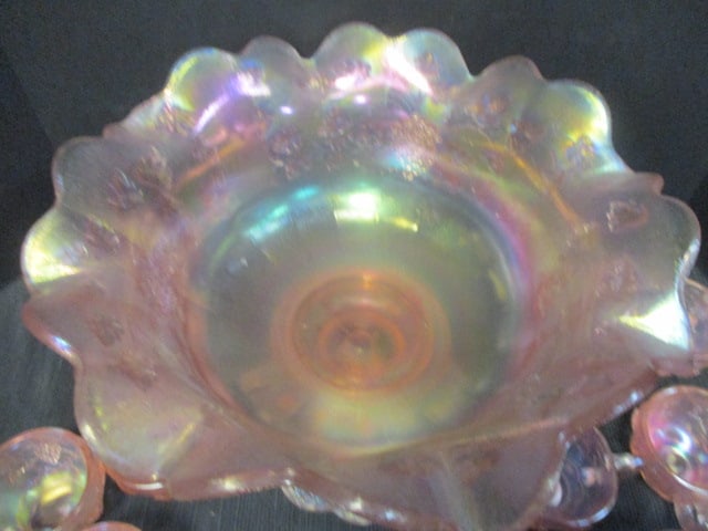Iridescent Pink Carnival Glass Punch Set w/12 Cups - 6