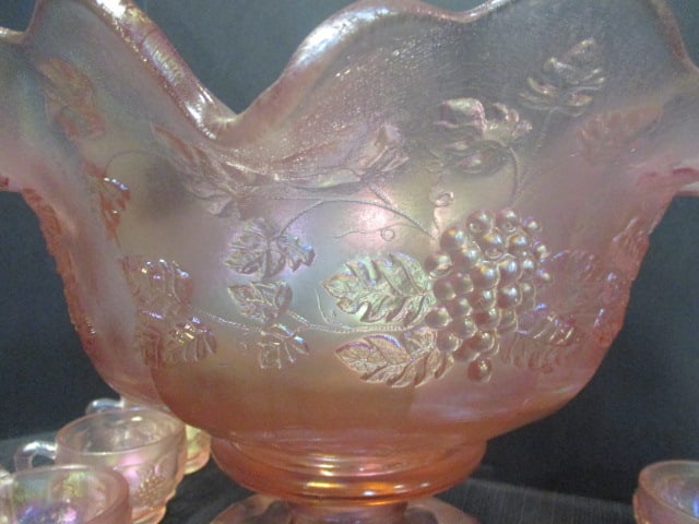Iridescent Pink Carnival Glass Punch Set w/12 Cups - 7