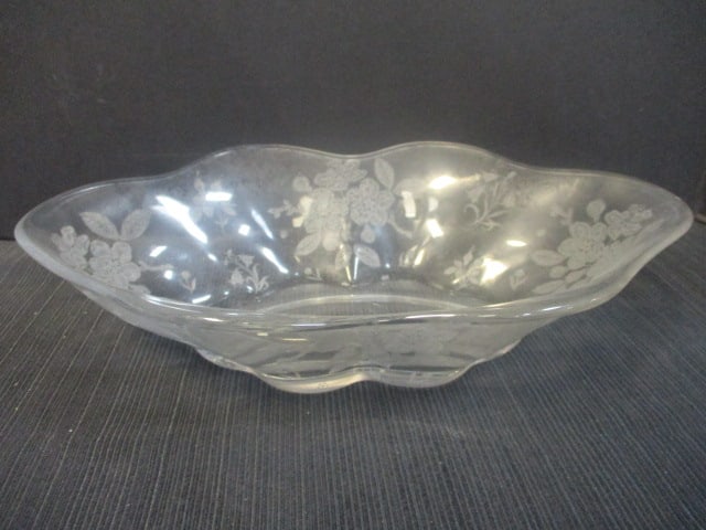 Etched 'Rose Point' Pattern Glass Bowl: 13 x 9 x 3 1/4 