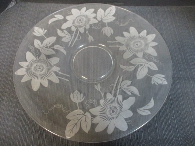 Floral Patern Etche Glass Platter: 15" 