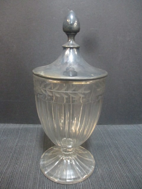 Heisey Glass Candy Jar w/Silverplate Lid: 10" 