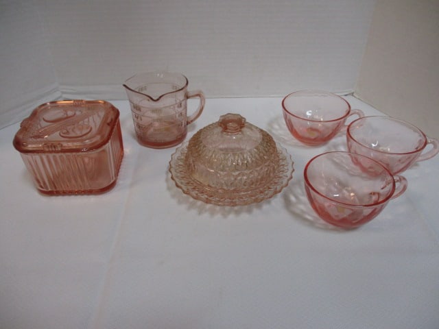 Pink Depression Glass Grouping-Kellog's Measuring Cup,: Butter Dish, Refrigerator Dish, 3 Cups 