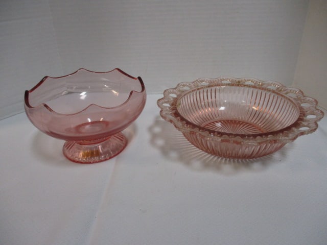 Pink Depression Glass 7 x 4 Pedestal Bowl & Openlace Bowl: . 