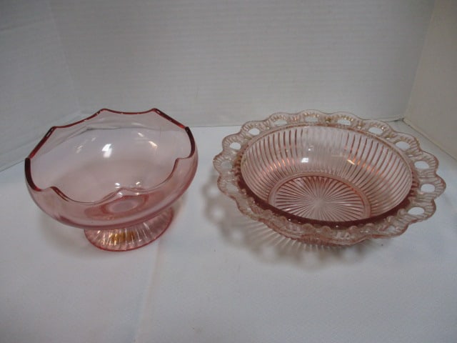 Pink Depression Glass 7 x 4 Pedestal Bowl & Openlace Bowl - 2