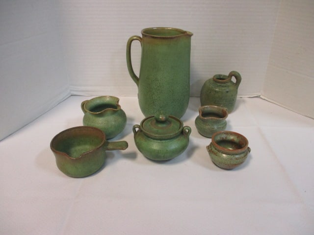 Green Pottery Grouping-Pitcher, Small Jug, Creamer/Sugar, etc.: see all pictures 