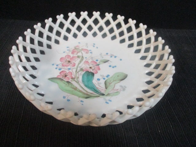 Lattice Edge Milk Glass Handpainted Bowl: 9" 