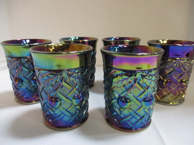 Carnival Glass Grape Vine Latticed Amethyst 4" Tumblers: Lot of 6 