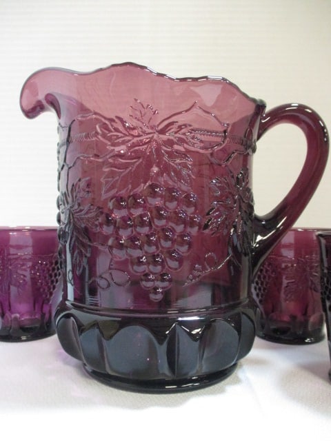 Mosser Glass Grape & Vine Pattern Amethyst Pitcher w/ - 2