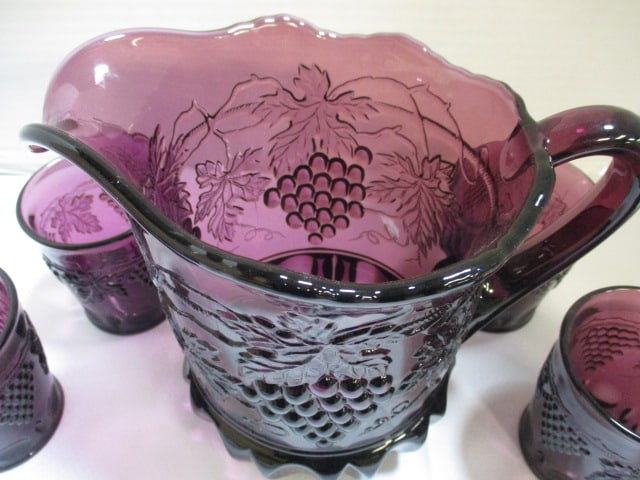 Mosser Glass Grape & Vine Pattern Amethyst Pitcher w/ - 3