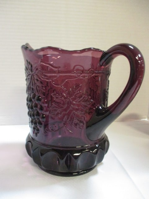 Mosser Glass Grape & Vine Pattern Amethyst Pitcher w/ - 4